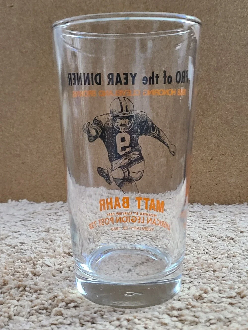 Vintage Matt Bahr Cleveland Browns Pro of the Year Dinner Glass